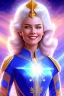 Placeholder: young cosmic woman admiral from the future, one fine whole face, large cosmic forehead, crystalline skin, expressive blue eyes, blue hair, smiling lips, very nice smile, costume pleiadian,rainbow ufo Beautiful tall woman pleiadian Galactic commander, ship, perfect datailed golden galactic suit, high rank, long blond hair, hand whit five perfect detailed finger, amazing big blue eyes, smilling mouth, high drfinition lips, cosmic happiness, bright colors, blue, pink, gold, jewels, realistic, real