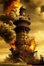 Placeholder: steampunk an explosions and huge fire on light house tower
