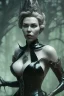 Placeholder: Hannah Waddingham as evil queen in black leather, busty, cleavage, dominatrix, curvy, angry, stern look. character design by cory loftis, fenghua zhong, ryohei hase, ismail inceoglu and ruan jia. unreal engine 5, artistic lighting, highly detailed, photorealistic, fantasy