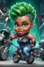 Placeholder: create an airbrush illustration of a chibi cartoon voluptuous black female wearing a blue jean outfit with biker boots. Prominent make up with hazel eyes. Extremely highly detail of a very low green pixie haircut. Background of a bike show.