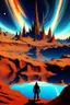 Placeholder: MJ P cosmic panorama, a massive planet with radiant orange and deep blue hues hovering close to an alien landscape. Jagged peaks, serene lakes reflecting the towering gothic spire in the distance, under a tapestry of shooting stars, and interstellar clouds. A solitary figure stands on a rocky outcrop UHD --s 100