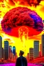 Placeholder: A volcano exploding over a New York City, inside the explosion flame a man’s face