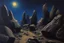 Placeholder: Rocks, night, 2000's sci-fi movies influence, otto pippel impressionism painting