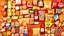 Placeholder: An image with the theme of orange, yellow, and bright red colors, filled with all kinds of drink cans, cakes, cookies, pasta packages, chips packages, puffs, sausages, sausages, mayonnaise, and ketchup arranged side by side in the middle of the picture.