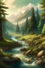 Placeholder: a realistic magic forest with a river and mountains