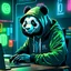 Placeholder: a portrait of a panda, hoodie, cyberpunk, neon lights, neon signs, hacker, laptop, desk, pink, green, orange, blue