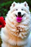 Placeholder: Cute, fluffy, happy looking white Samoyed dog, holding a rose in its mouth, colorful, festive atmosphere, detailed, congratulating