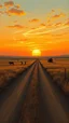 Placeholder: dirt road with sunset in the prairies, old western, painting based on grainy photo, orange brown tones