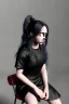 Placeholder: Billie Eilish, sitting on a chair, Black Short Dress, high detail, realistic