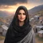 Placeholder: Hyper Realistic close-up-view of Beautiful Happy Pashto Girl with beautiful hair & beautiful eyes fully-covered-in-black-dress-&-grey-shawl standing outside village-houses on mountain-top with cloudy-sunset showing dramatic & cinematic ambiance