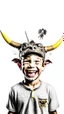 Placeholder: Doble exposure photo, crazy bull head and smiley boy launching a pen, studio portrait, Fujifilm, white backgroun