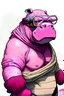 Placeholder: A pink hippo that is a ufc fighter, wearing a scarf, goggles, comic book