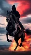 Placeholder: A black hooded with cane horse , man on a black wild horse jumping on fire ,red clouds in the sky with storm and cinematic scene 4k