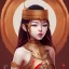 Placeholder: cute asian girl, egypitan head dress, red body suit. intricate details, full body portrait, keep head in frame, smile, black Japanese motif, concept art, highly detailed, digital painting,