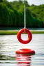 Placeholder: a white and red lifeguard ring float hanging on a stick