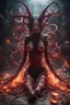 Placeholder: Demon girl wizard, feet point view, fullbody, creepy, horrifying, sinister, many worms parasite creature connected to the head, sparks around her, intricate, 8k, macro photography,