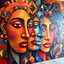 Placeholder: Large-scale oil painting, intricate stylized faces intermingling with geometric shapes, vibrant color palette, seamless canvas coverage, immersive gallery feel, no borders