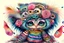 Placeholder: Artist Jean-Baptiste Monge style. Top view of a pile of humanoid biomorph flower patterned Beanie Babies kitten-owl faced woman. Vibrant, colorful. A furry striped dress, covered with owl feathers.
