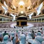 Placeholder: The scene in Mecca: People wearing white Ihram clothes, men without head coverings, women with veils, circumambulating around the Kaaba, and above them are transparent white spirits of children, men, and women with wings revolving around the Kaaba.