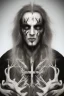 Placeholder: Symmetric portrait of a man with black metal facepaint, with long white hair, with a Christian cross on his forehead, with bloody eyes