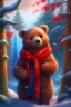 Placeholder: a teddy bear with a highly detailed meticulously detailed and a red winter coat and scarf pine trees in the background, digital painting, artstation, art by Lisa Frank, artgerm, Greg Rutkowski, William-Adolphe Bouguereau, renaissance, Unreal Engine 5