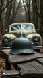 Placeholder: An old car in the background of black vein, human veins, mixing together a lot of them, like a forest, big and small veins a lot of them, an army German helmet from ww2 sitting on an old broken table