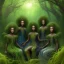 Placeholder: Painting .the faces of 5 young black women. Young women sitting wood nymphs emerging from the forest. THeir hair looks like vines. Dreadlocs. Their skin is the colour of dark soil. their skin looks like tree bark. Their clothing is made of vines, grass and leaves.