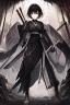 Placeholder: Anime girl with short black hair and sharp green eyes, holding a pike, full body black and white metal plate armour, full body shot, Dramatic lighting,1woman, soaked in blood, Warrior, standing pose, sword at the waist, close shot, lean body,