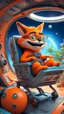 Placeholder: big ass space hairy hi tech alien cowboy gremlin orange laughing fox with glasses in tiny cart chair jumping round in space in a weird living space camper ship driving down weird twisted tube track in space station jungle, spell jammer, Pixar-inspired, expertly crafted in a whimsical and vibrant cartoon style. is masterfully rendered in a lifelike 3D design, which captivates viewers with there irresistible charm. The background is filled with warm, inviting colored stars and a 3D render