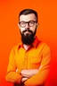 Placeholder: high quality photography 30 year old handsome developer man, front view, flat single color orange background