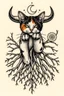 Placeholder: Design feminine tattoo: The centerpiece of the tattoo is a calico cat. From the paws, deep roots twist into the ground, sprawling outwards. The roots look as though they're entangled with the earth itself, symbolizing Taurus' deep connection to the planet. as a backdrop, include elements of gears A crescent moon or starry sky above the bull