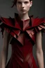 Placeholder: Dark red leather dress, off the shoulder, sleeveless, with pleats inspired by fractals in geometry.