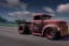 Placeholder: classic chopped mack ratrod truck, hotrod wheels, hdr, uhd, 8k, center camera, perspective view, pivot on truck, by wicked fabrication