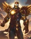 Placeholder: An armor made of a mixture of steel and leather, worn by a strong commander with magical power infinity gauntlet has six infinity stones And two big wings on his back