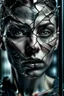 Placeholder: Close-up shot. A cracked pale face deep gaze dark makeup and lips figure through looking a fractured cracked glass pane, revealing glimpses of a surreal hightech cityscape. Hyperrealistic, sharp focus, intricate details, surreal style by Dali, Bosch, Kandinsky, beautifully shot. High contrast, cinematic, dark gloomy, atmospheric, moody. 64 megapixels, perfect compositi