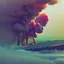 Placeholder: waste system, garbage dump, waste, dump, hill, smoke plumes, clouds, smog, with pollution, double exposure photography, colourful nature, clean sharp focus, on white background, Fractal Geometry buildings, sacred geometry