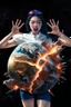 Placeholder: An image of a young Korean woman with a surprised expression, holding her hands up as if she is reacting to a catastrophic event in front of her. She is wearing a white blouse with detail, blue shorts, and sunglasses pushed up onto her head. In front of her, there is a highly detailed planet resembling Earth, dramatically cracking and breaking apart with fiery explosions and molten lava visible at the fractures. Debris is flying outward from the planet. The background is stars/space