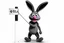 Placeholder: the muppet's Bean Bunny in a grey color, panicked in wind holding onto a sign post while being pulled vertically. on white background