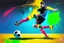 Placeholder: Oil painting, full body of a soccer player, he is kicking the ball, the ball is flying, bright but not neon colours, dynamic lines, dynamic blobs, spots, lines in the background of the character, splash like a colour explosion