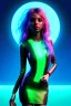 Placeholder: Cyber Shakira, artist, 30 years old, Realistic image, waist up portrait, latex style dress. loose long hair, eyes make up, perfect, glow, circle iris. Neon colors, leds, geometric shapes. Dark background, photo studio, neon lights. Cyberpunk, concept art, smooth, unreal engine 5, god lights, ray tracing, RTX, lumen lighting, ultra detail, volumetric lighting, 3d, finely drawn, high definition, 4k.