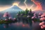 Placeholder: Japanese Fuji Mountain,eruption lava flows into the lake , concept art, smooth, extremely sharp detail, finely tuned detail, ultra high definition, 8 k, unreal engine 5, ultra sharp focus, illustration, magic ambient, bonsai cherry blossom trees , japanese gondolas .