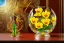 Placeholder: hypersigil photograph of a beautiful yellow and red orchid in a clear glass rococo inspired vase on a mirrored deco themed end table in a shadowy corner of a nouveau era room with wood paneling in the style of Robert maplethorpe, tropical birds, lizards, snakes, insects, gorgeous, shamanic, ethereal, photorealistic, embellishments, long shot, wide shot, dof, deep focus, 3d render