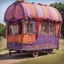 Placeholder: Old fashioned purple, orange and pink gypsy wagon decorated, curtains fluttering in the wind