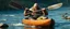 Placeholder: ancient bald fat ogre troll machete sitting relaxed in huge massive kayak in stream, smacking fish with big metal oar