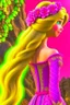 Placeholder: Princess Rapunzel's hair is braided and decorated with beautiful and charming pink flowers in very calm colors