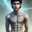 Placeholder: beautiful, slender 12 year old arabic boy with very long curly hair and light blue eyes, shirtless