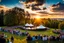 Placeholder: a big open disko stage in country side environment , at distance,blue sky pretty clouds ,sunset ,golden hour.