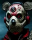 Placeholder: zombie mickey mouse hybrid, photorealism, movie screen capture, horror, sci-fi, retrofuturism, matching mickey mouse ears on mask