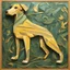 Placeholder: electric hound in dull green and yellow in marquetry art style