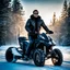 Placeholder: Handsome and muscular 40 year old Biker wearing a winter leather jacket and dark sunglasses riding a snowmobile, dark fantasy